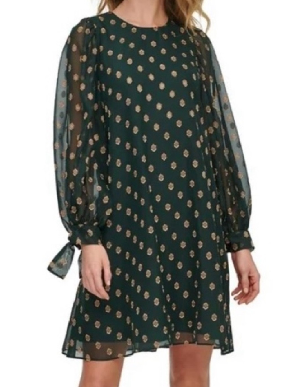 NWT Calvin Klein green with gold pattern long sleeve sheer dress Size 4